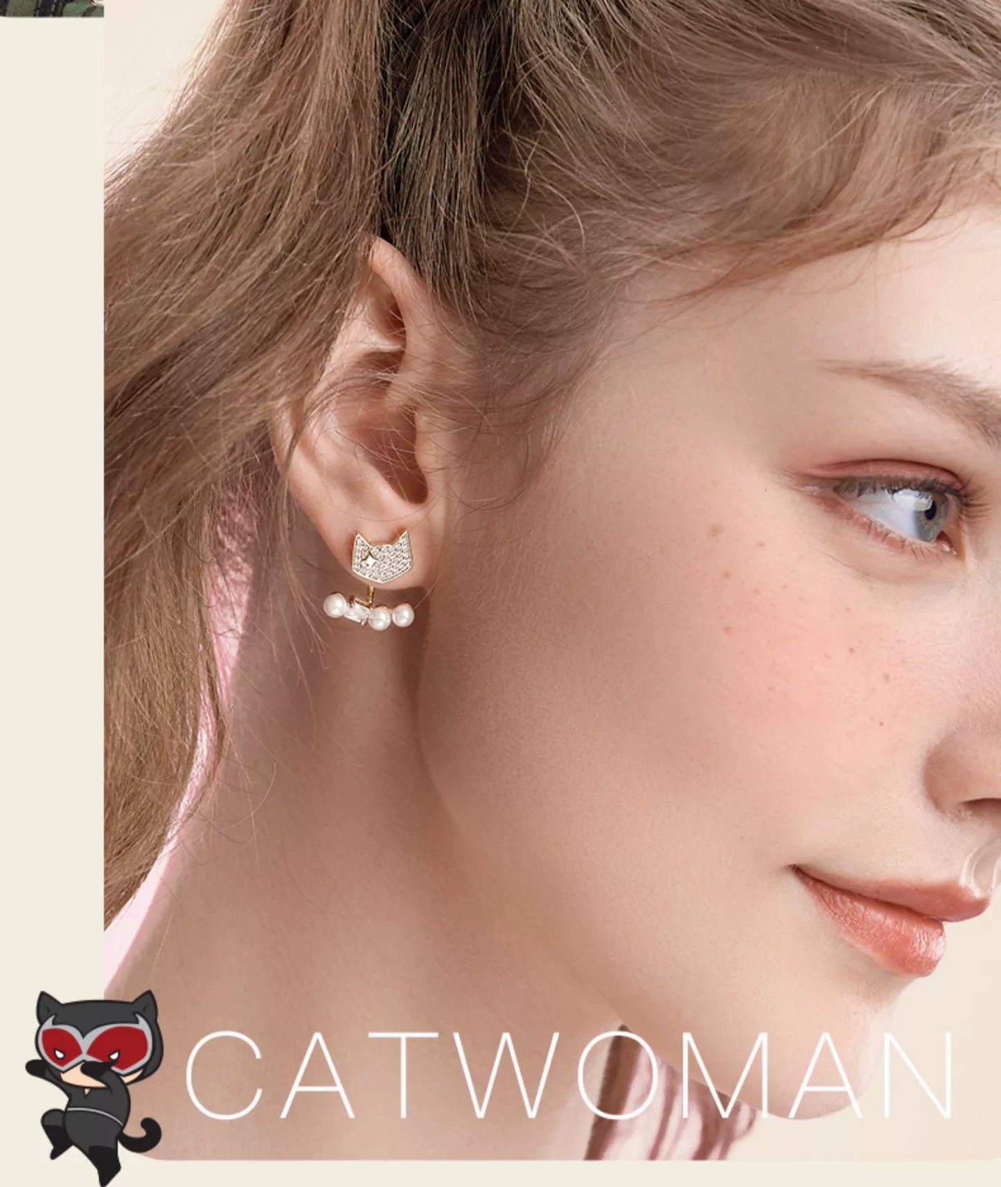 Catwoman Pearl Zircon 925 Sterling Silver Stud Earrings