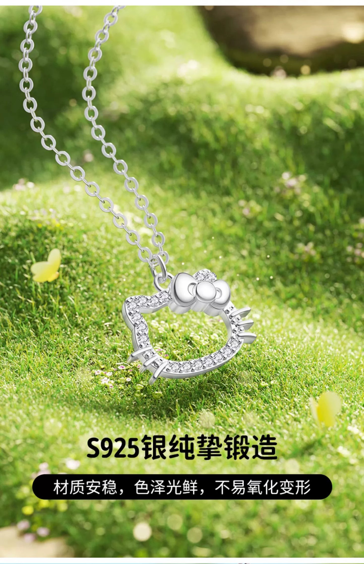 Hello Kitty Face Zircon 925 Sterling Silver Necklace