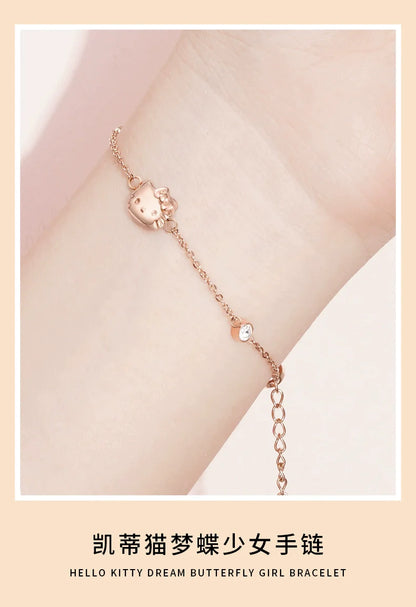 Hello Kitty Bow Zircon 18K Gold Plated Titanium Steel Bracelet