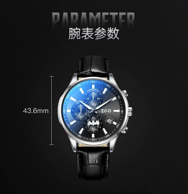 Batman Stainless Steel Men's Quartz Watch 50M Waterproof Glow in the Dark Leather Strap