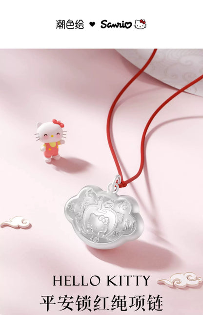 Hello Kitty Longevity Lock 999 Fine Silver Red String Necklace