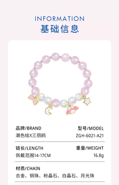 My Melody Star Moon Bow Pink White Crystal Moonstone Bracelet