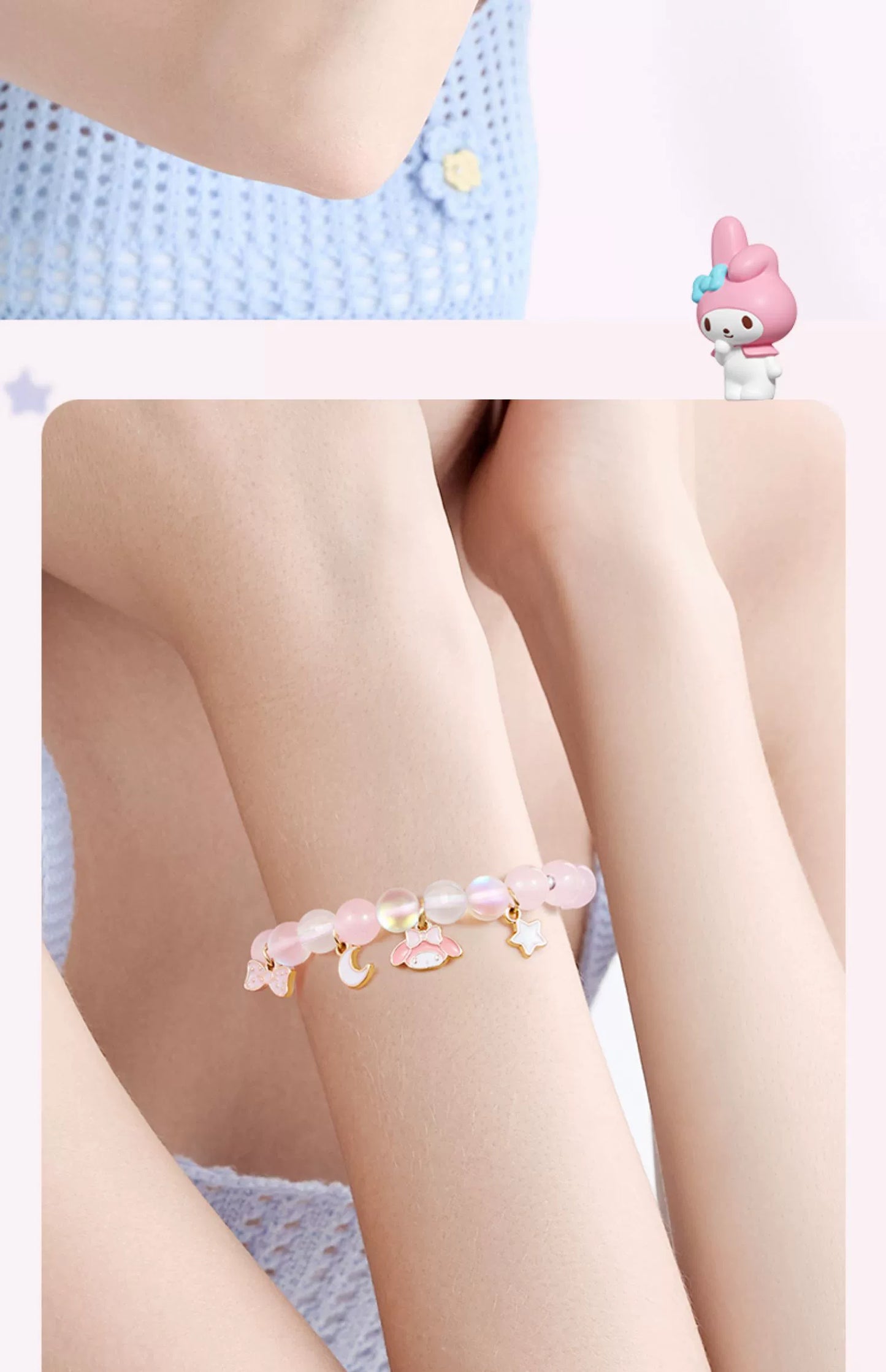 My Melody Star Moon Bow Pink White Crystal Moonstone Bracelet