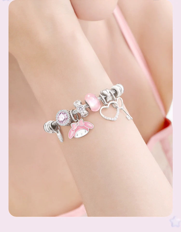 My Melody Pink Glaze Planet Key Heart Zircon 18K Gold Plated Copper Bracelet