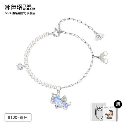 Unicorn Rainbow Star 925 Sterling Silver Pearl Bracelet