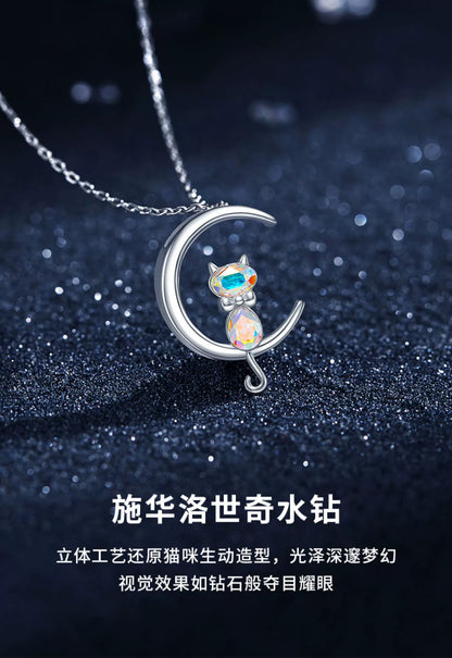 Cat & Moon 925 Sterling Silver Crystal Necklace