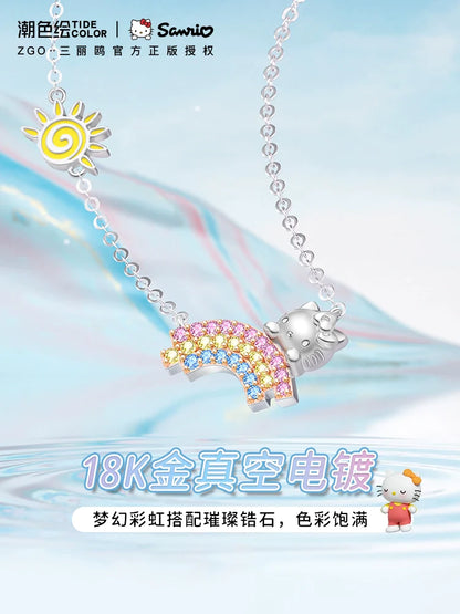 Hello Kitty Colored Rainbow Zircon 925 Sterling Silver Necklace