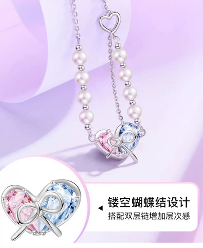 Harley Quinn Pink Blue Heart Bow 925 Sterling Silver Pearl Necklace