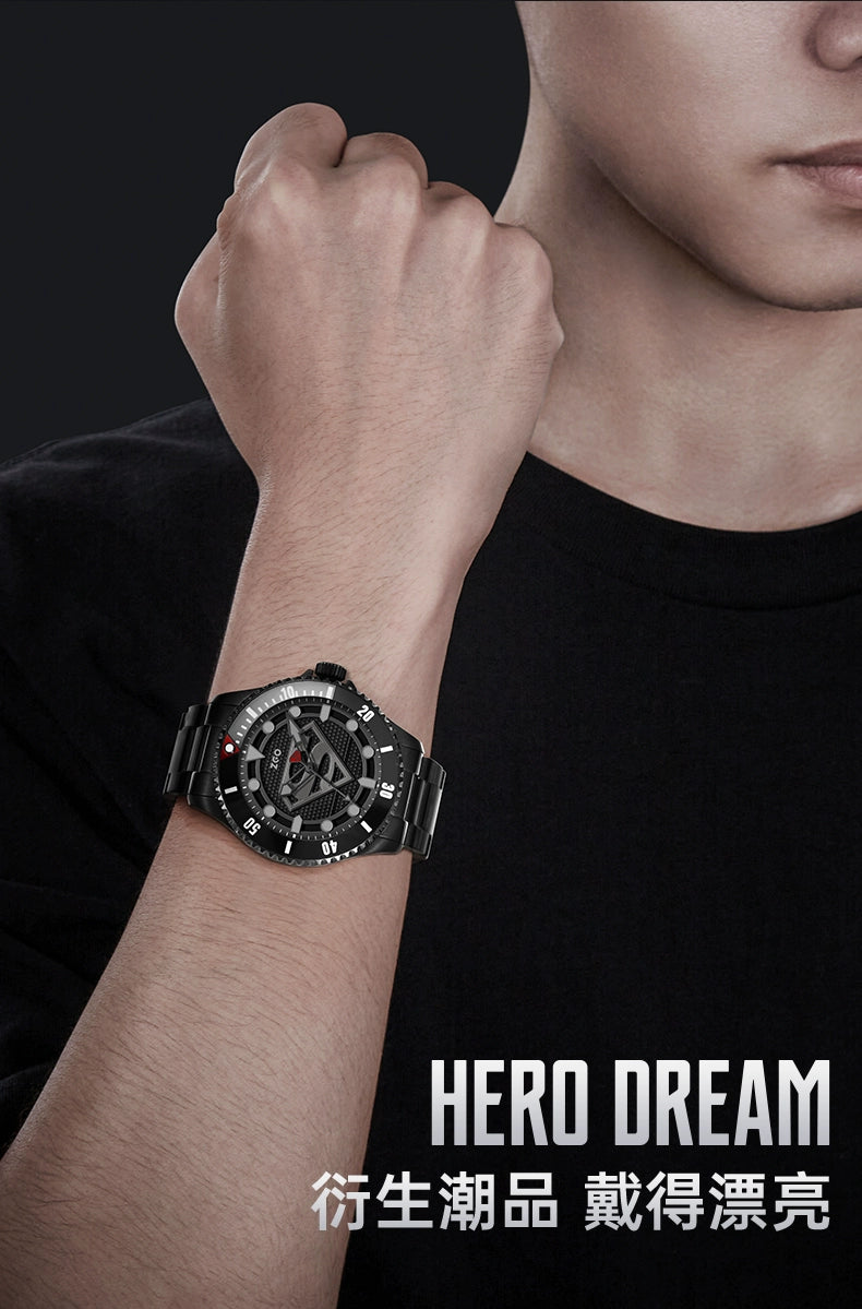 Superman Stainless Steel Mechanical Quartz Men's Watch 50M Waterproof Glow in the Dark