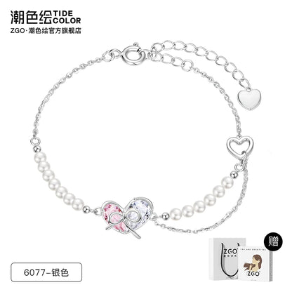 Butterfly Heart Bow 925 Sterling Silver Pearl Zircon Bracelet