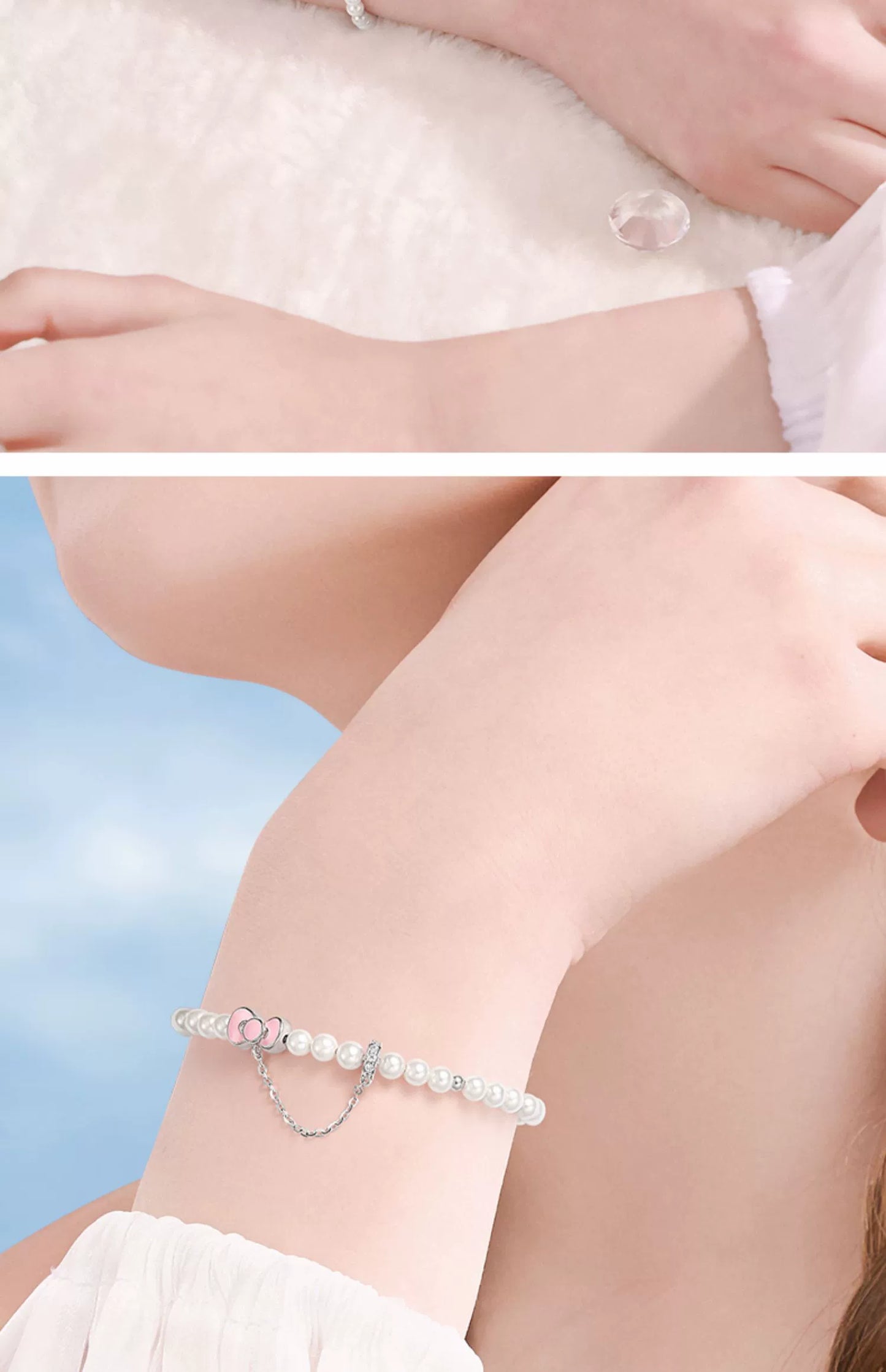 Hello Kitty Bow Pearl 925 Sterling Silver Bracelet