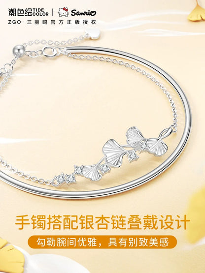 Ginkgo Leaf Double Chain 925 Sterling Silver Bracelet