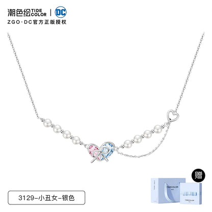 Harley Quinn Pink Blue Heart Bow 925 Sterling Silver Pearl Necklace