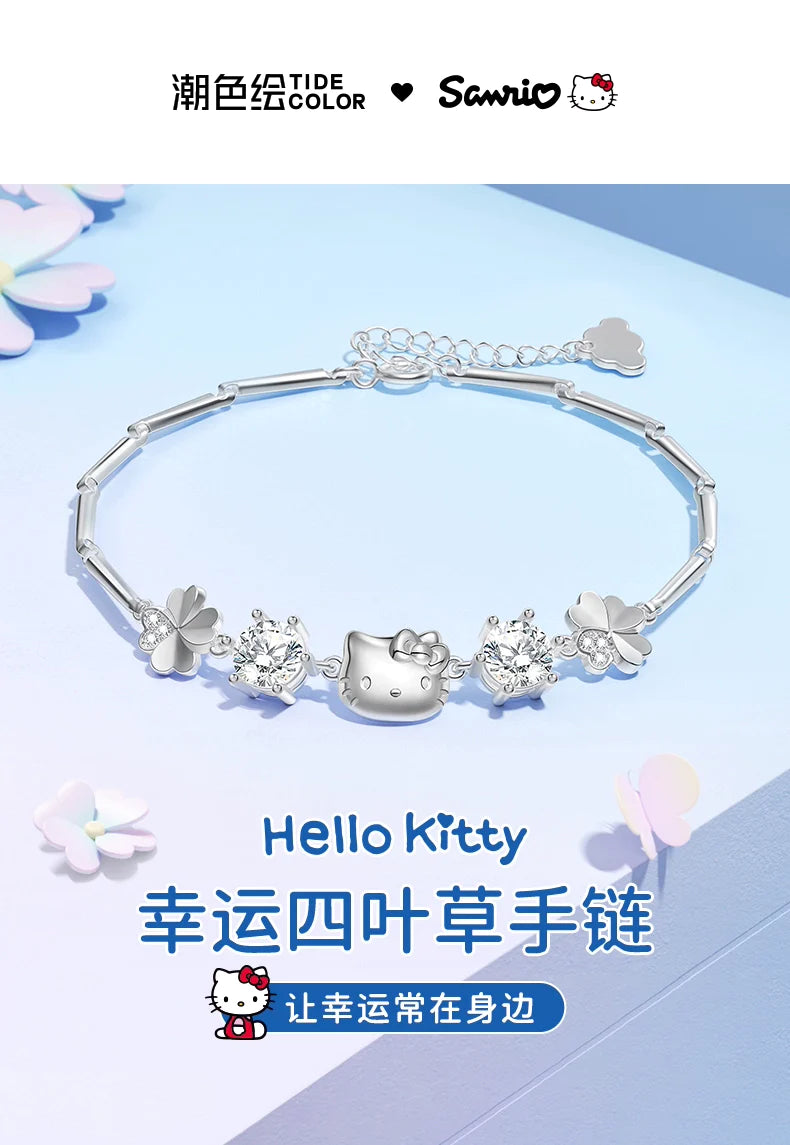 Hello Kitty Lucky 4-Leaf Clover Zircon 925 Sterling Silver Bracelet