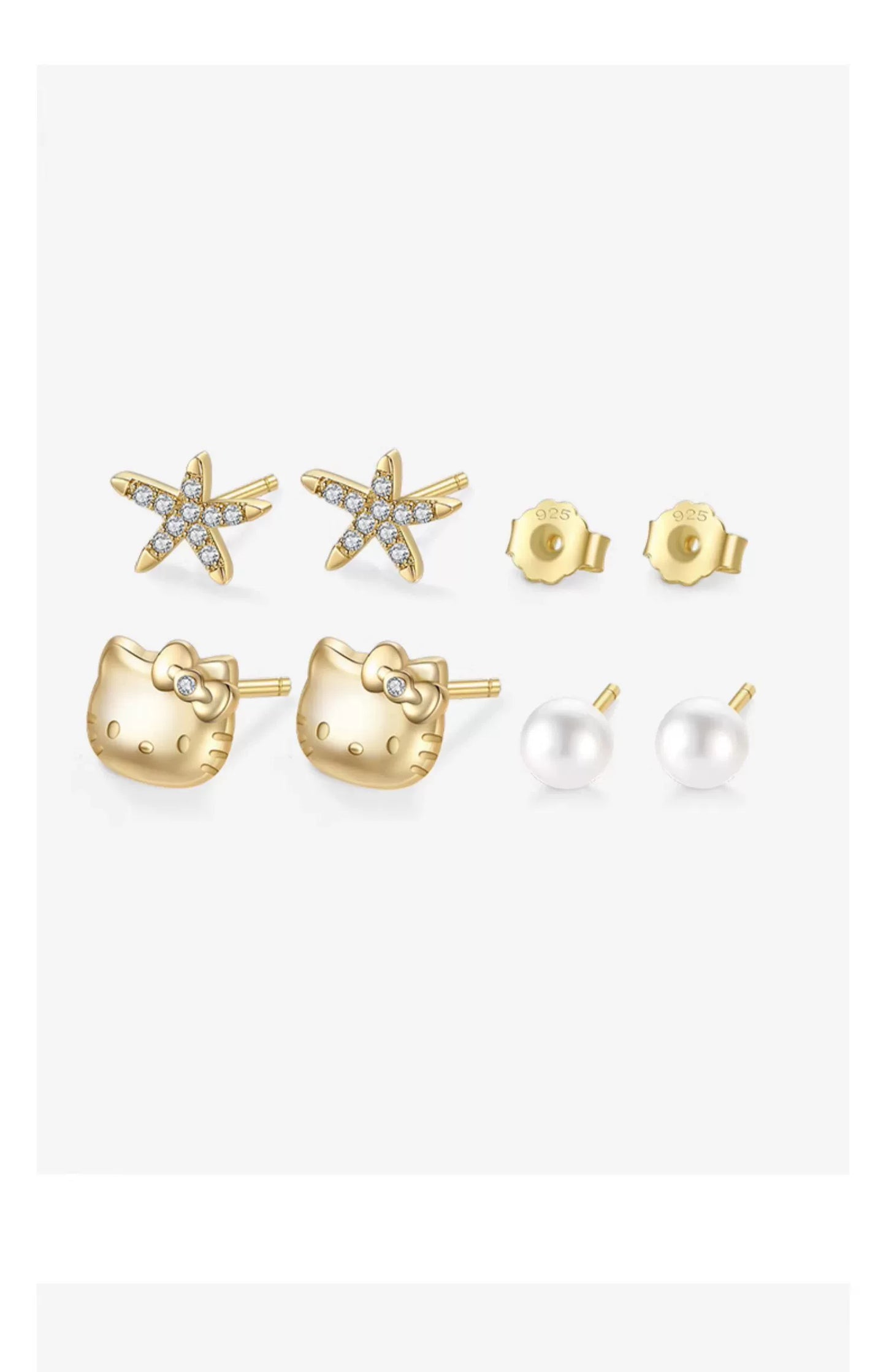 Hello Kitty/Pearl/Sea Star 925 Sterling Silver Stud Earrings Set