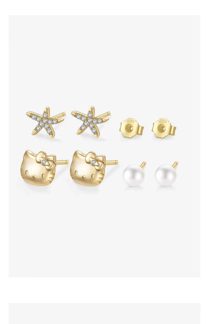 Hello Kitty/Pearl/Sea Star 925 Sterling Silver Stud Earrings Set