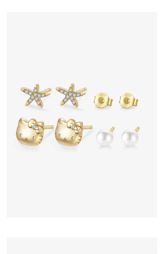 Hello Kitty/Pearl/Sea Star 925 Sterling Silver Stud Earrings Set