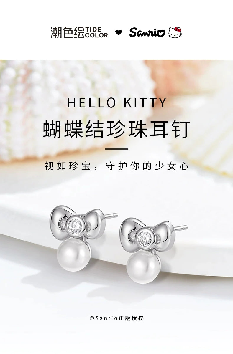 Hello Kitty Bow Pearl 925 Sterling Silver Stud Earrings