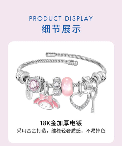 My Melody Pink Glaze Planet Key Heart Zircon 18K Gold Plated Copper Bracelet