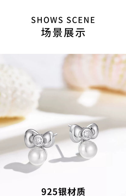 Hello Kitty Bow Pearl 925 Sterling Silver Stud Earrings