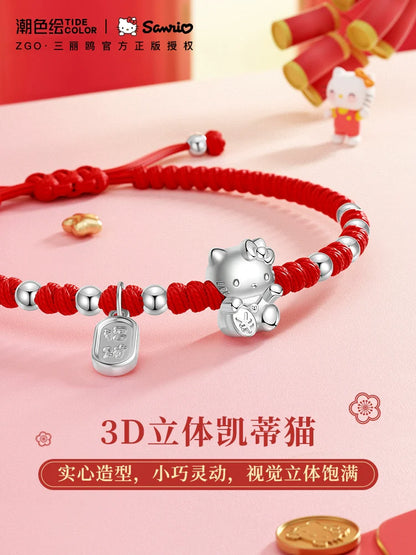 Hello Kitty Lucky Cat 925 Sterling Silver Red Wrist String