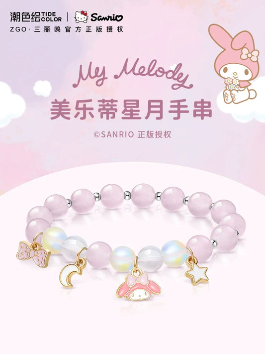 My Melody Star Moon Bow Pink White Crystal Moonstone Bracelet