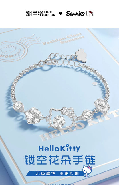 Hello Kitty Face Flower Zircon 925 Sterling Silver Bracelet