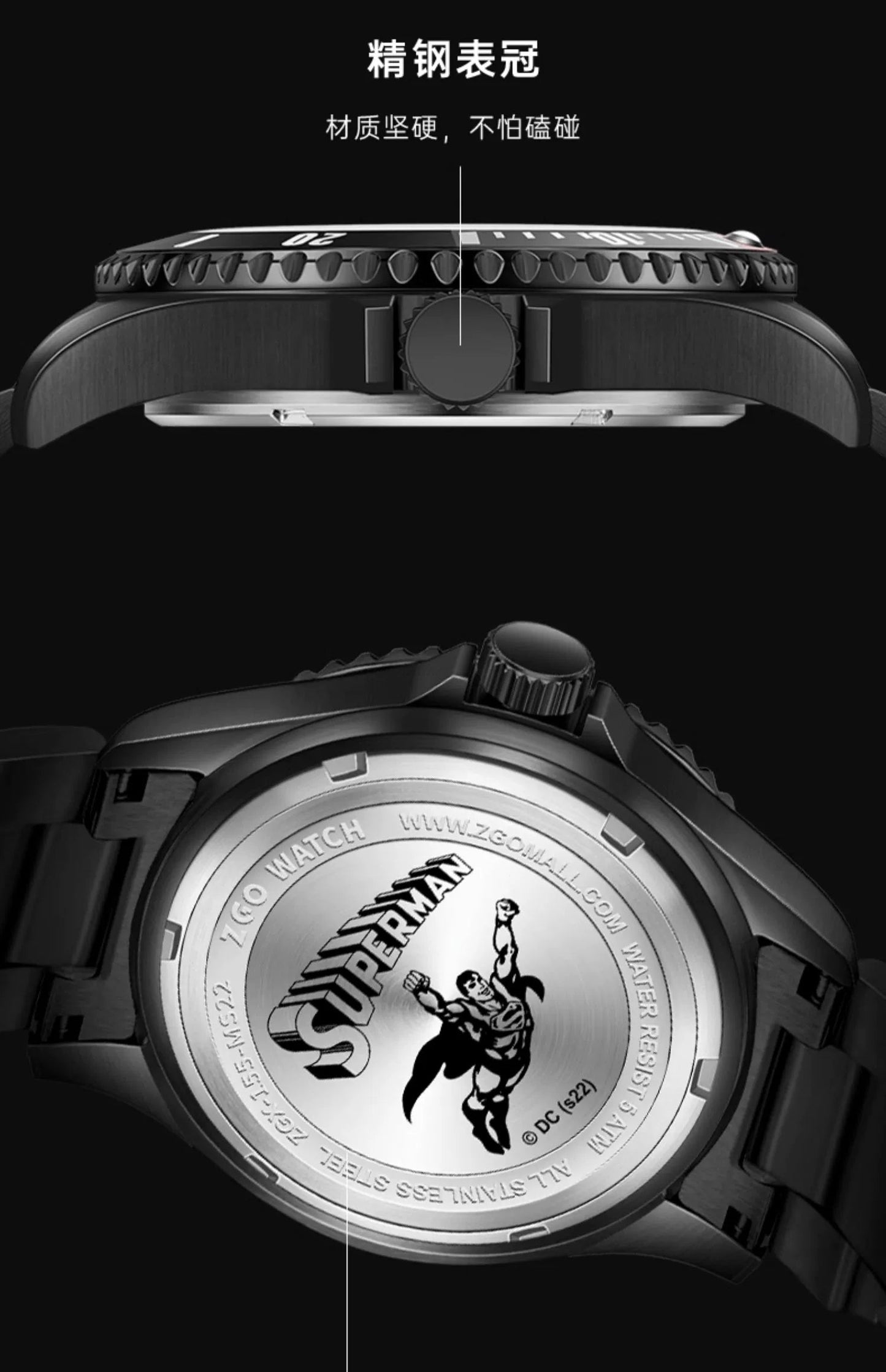 Superman Stainless Steel Mechanical Quartz Men's Watch 50M Waterproof Glow in the Dark