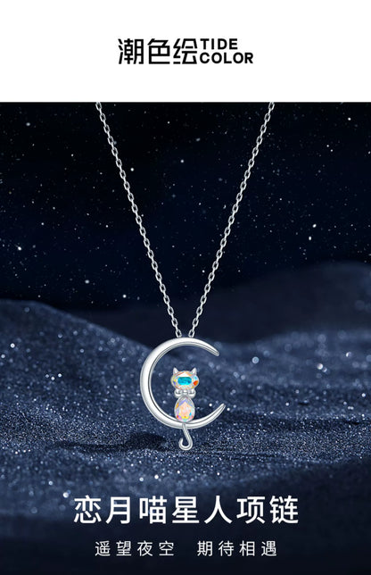 Cat & Moon 925 Sterling Silver Crystal Necklace