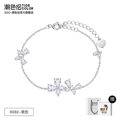 Butterfly Flower Crystal 925 Sterling Silver Bracelet