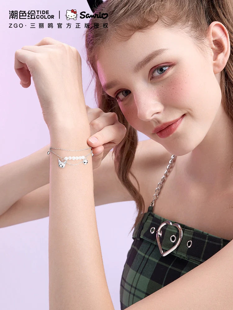 Kuromi Double Chain 925 Sterling Silver Pearl Bracelet