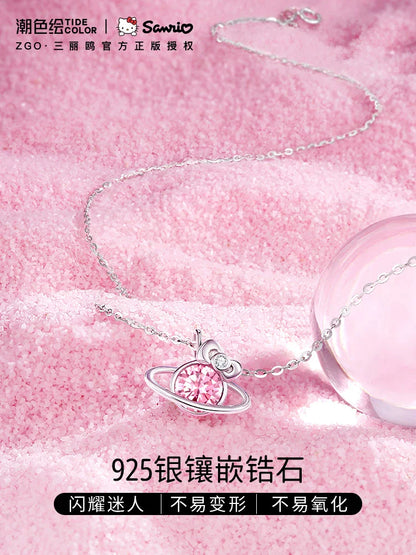 Hello Kitty Peach Pink Planet 925 Sterling Silver Necklace