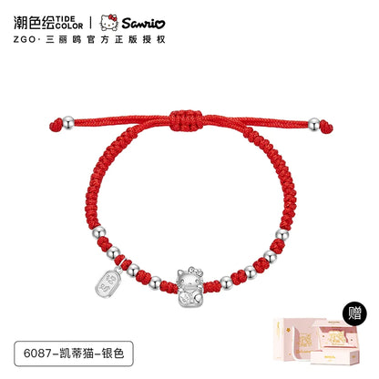 Hello Kitty Lucky Cat 925 Sterling Silver Red Wrist String