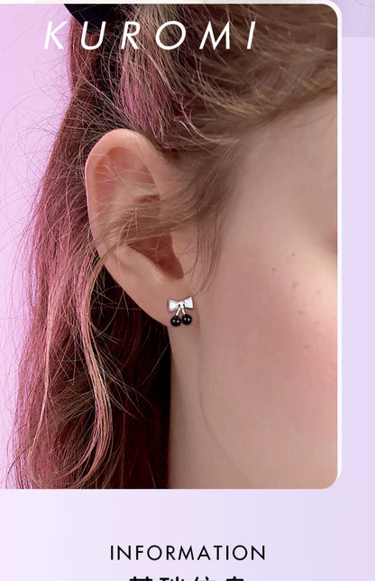 Kuromi Cherry Bow Asymmetrical 925 Sterling Silver Earrings