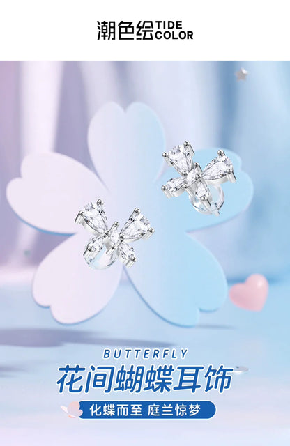 Flower Butterfly Zircon 925 Sterling Silver Stud Earrings