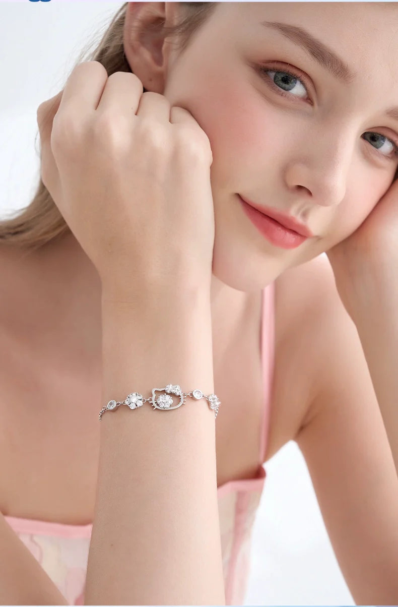 Hello Kitty Face Flower Zircon 925 Sterling Silver Bracelet