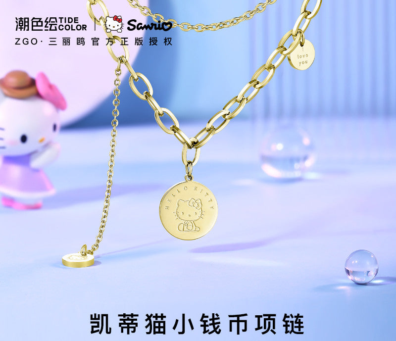 Hello Kitty Gold Coin Double Chain Titanium Steel Necklace