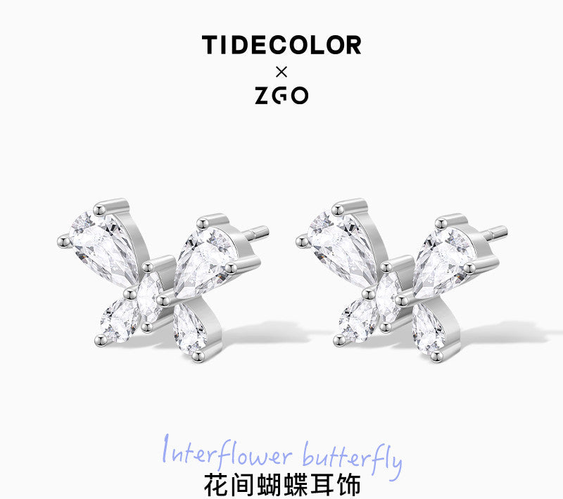 Flower Butterfly Zircon 925 Sterling Silver Stud Earrings