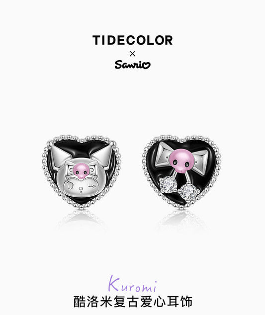 Kuromi Bow Black Heart 925 Sterling Silver Stud Earrings