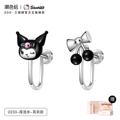 Kuromi Cherry Bow Asymmetrical 925 Sterling Silver Earrings