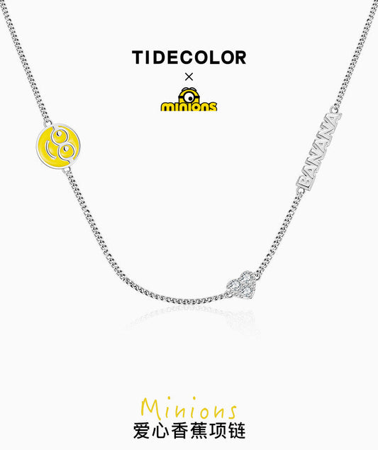 Minions Banana Heart Zircon 925 Sterling Silver Necklace