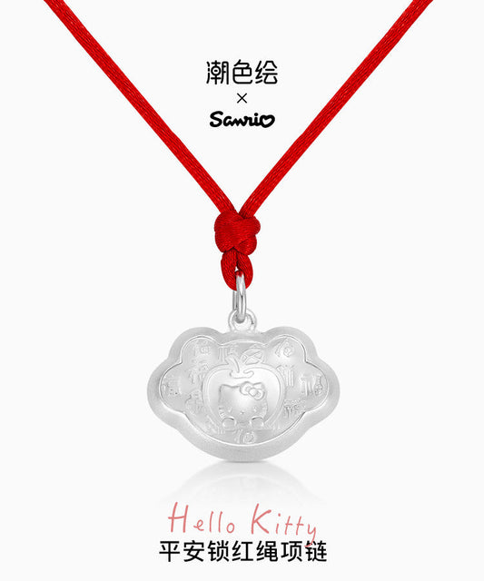 Hello Kitty Longevity Lock 999 Fine Silver Red String Necklace