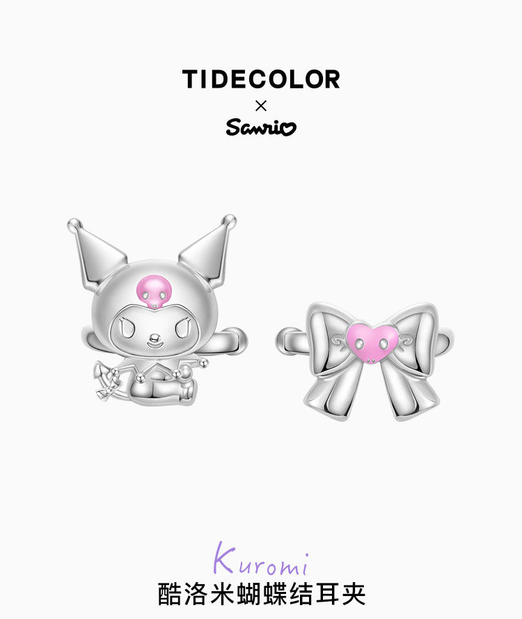 Kuromi Bow Asymmetrical 925 Sterling Silver Clip-on Earrings